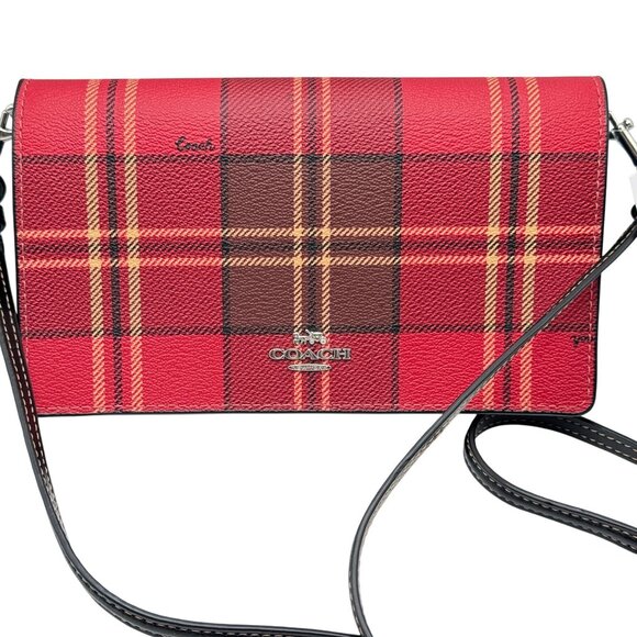 Coach Anna Foldover Crossbody Bag Tartan Plaid Red Black Coated Canvas Leather - Picture 1 of 16
